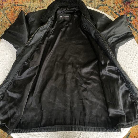 Vintage Womens Wilson Black Leather Coat Removable Faux Fur Collar XL Mid Length - Picture 6 of 13